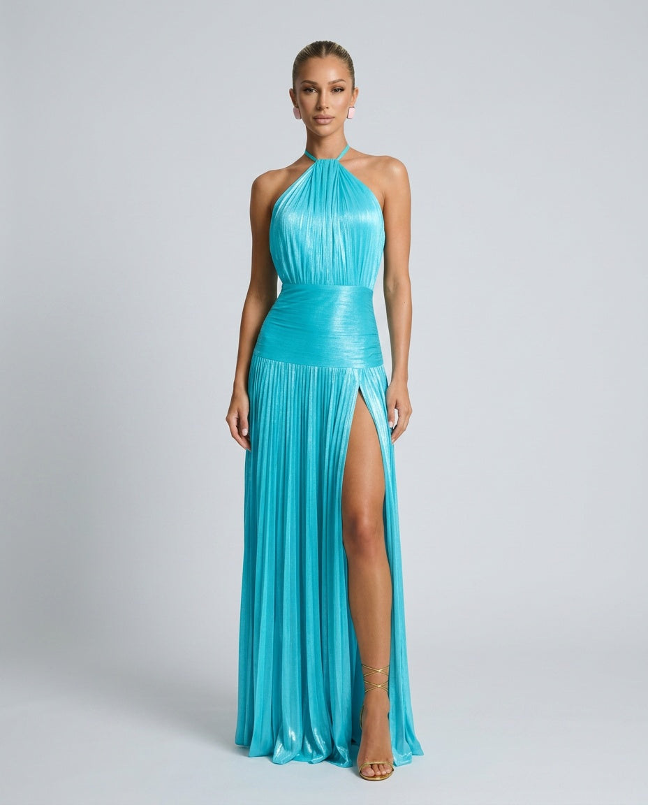 Hadley | Pleated Satin-Look Halter Neck Maxi Dress
