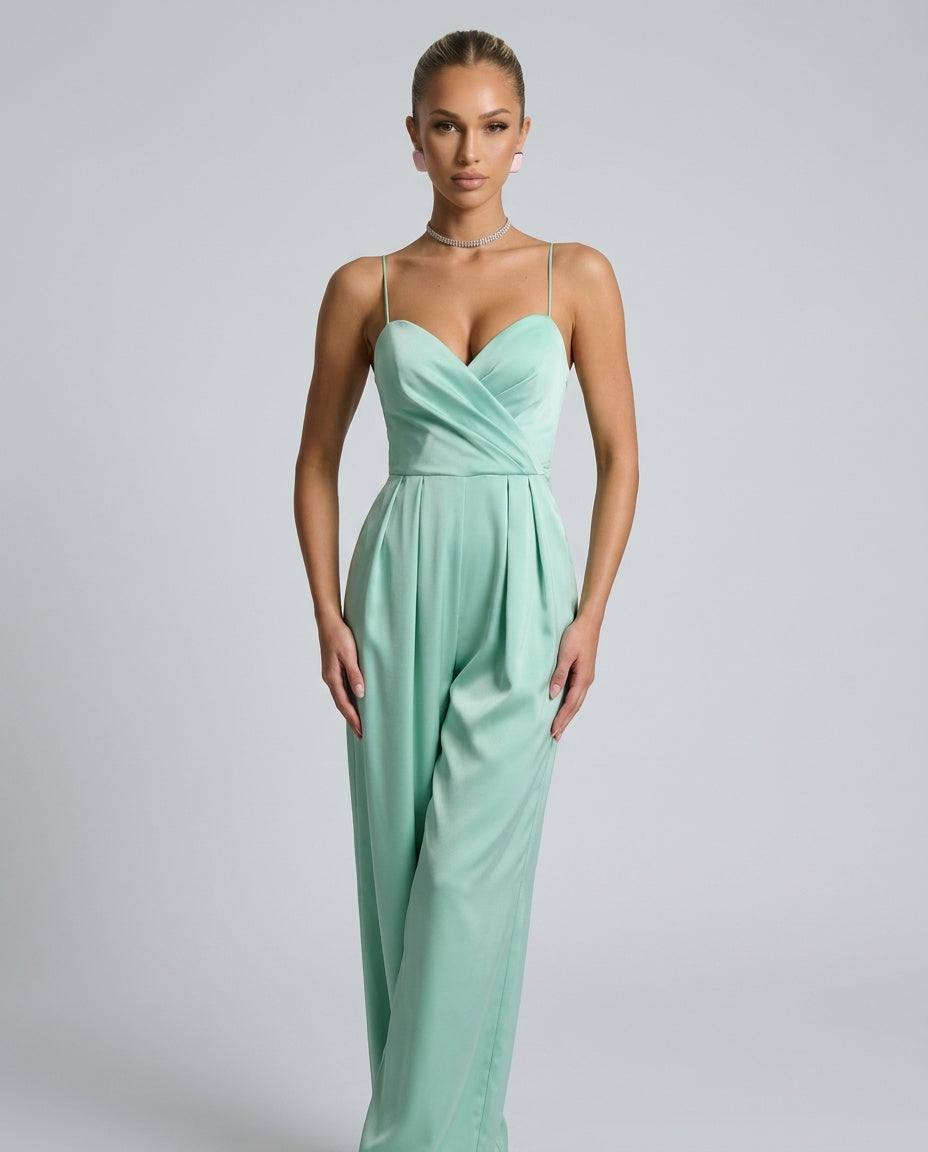 Esme | Wrap Front Satin-Look Wide Leg Jumpsuit