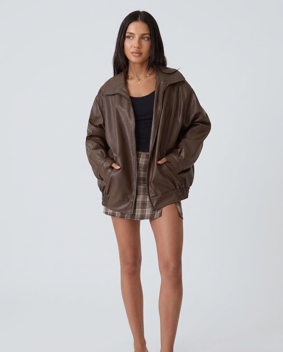 Zoé | Oversized Zip Front Faux Leather Bomber Jacket