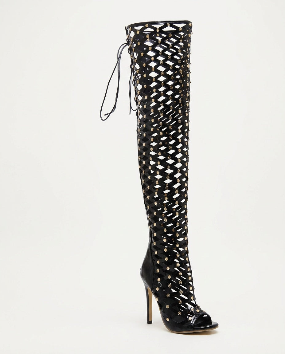 Maison | Lace-Up Net Cut-Out Ankle Boots