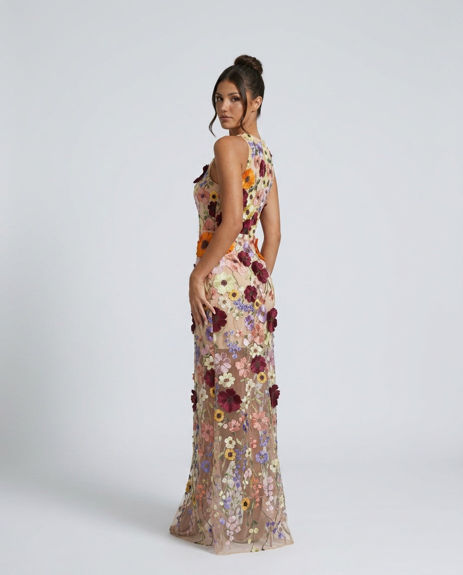 Camila | Sleeveless Floral Mesh Maxi Dress