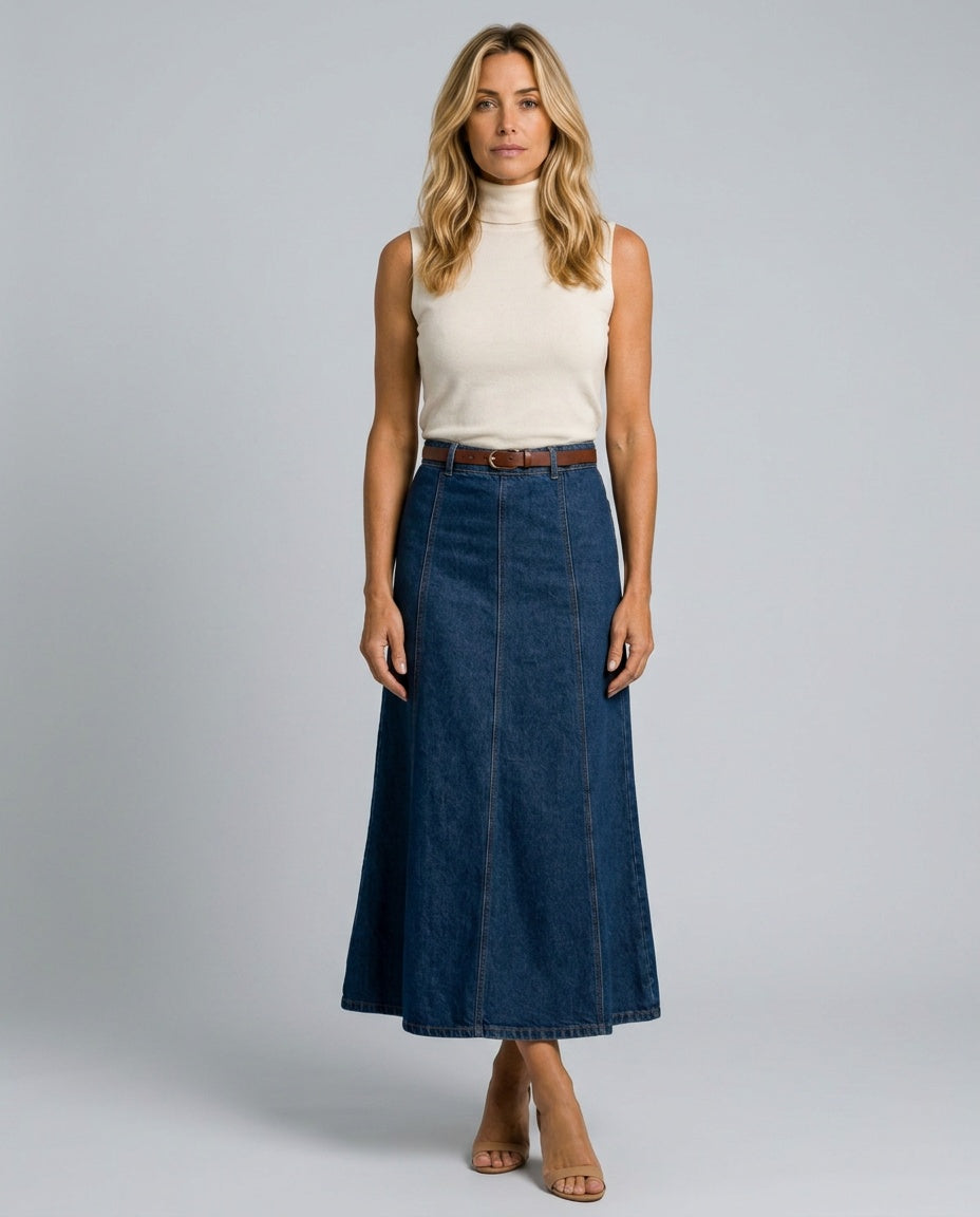 Vera | High Waist A-Line Panel Denim Maxi Skirt