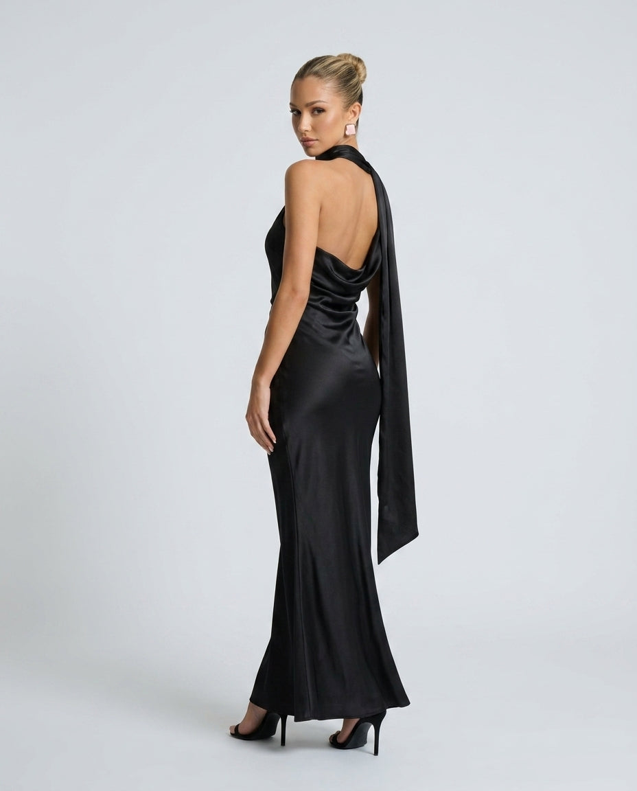 Savannah | One-Shoulder Scarf Detail Satin-Look Maxi Dress