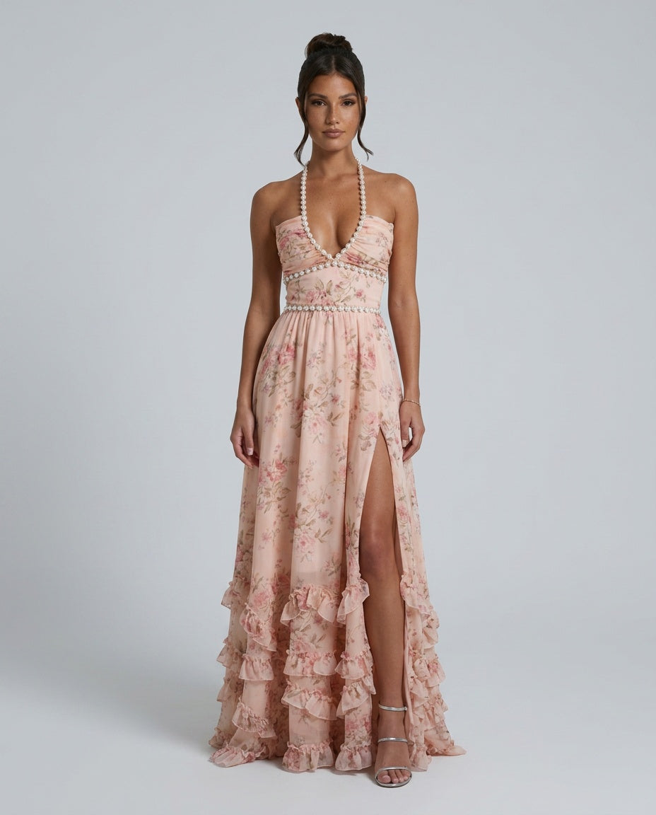 Rocio | Halter V-Neck Layered Floral Maxi Dress