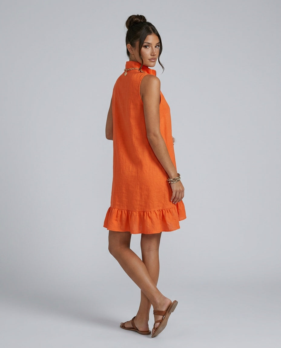 Mabel | Half-Zip Ruffled Hem Linen-Blend Mini Dress