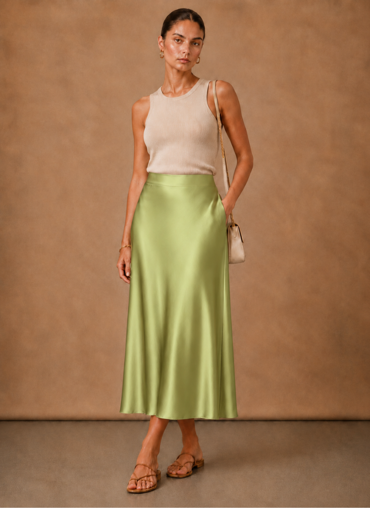 Beatrix | High Waist A-Line Satin-Look Midi Skirt