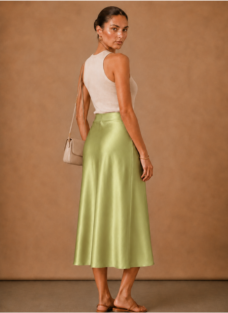 Beatrix | High Waist A-Line Satin-Look Midi Skirt