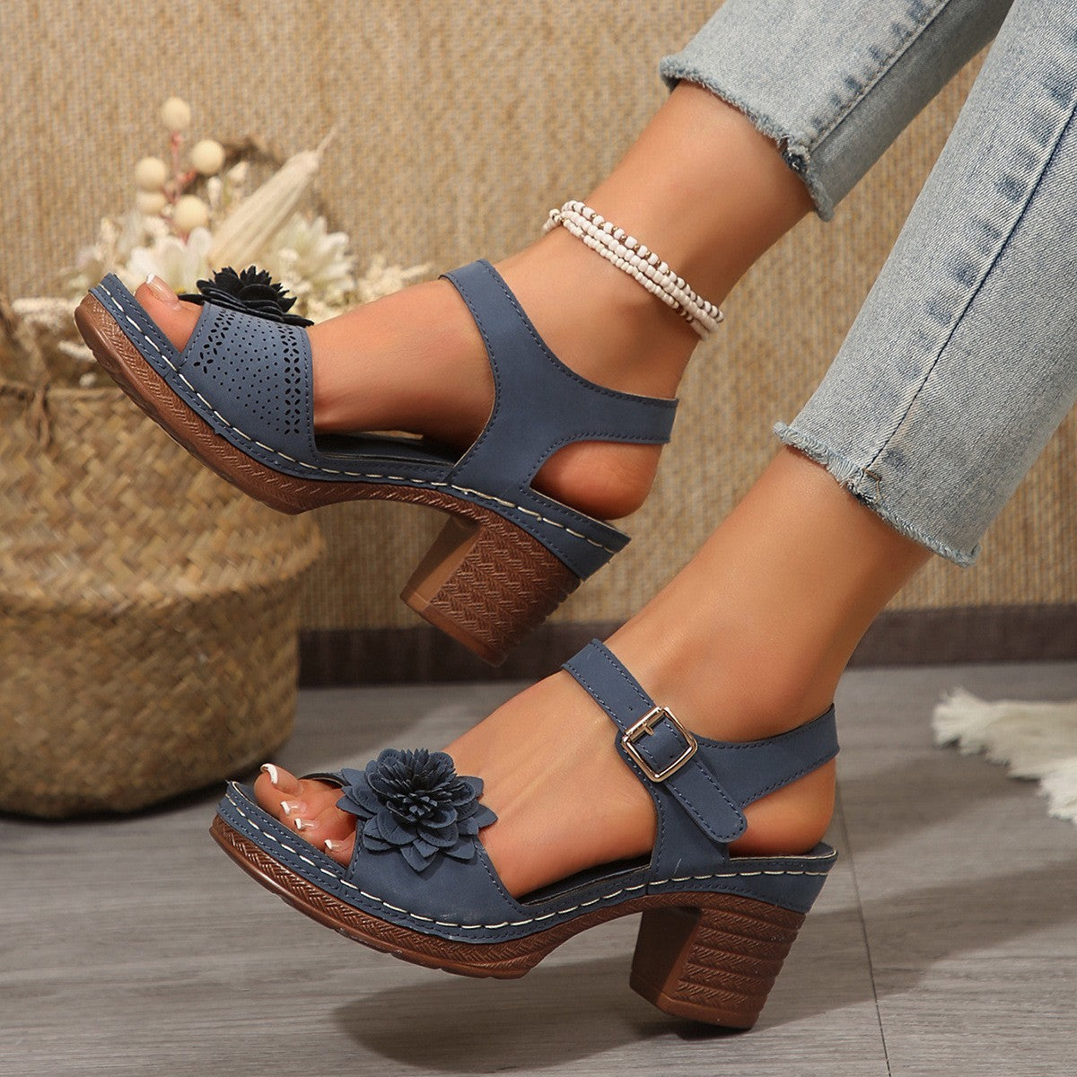 Imogen | Floral Embellished Block Heel Sandals