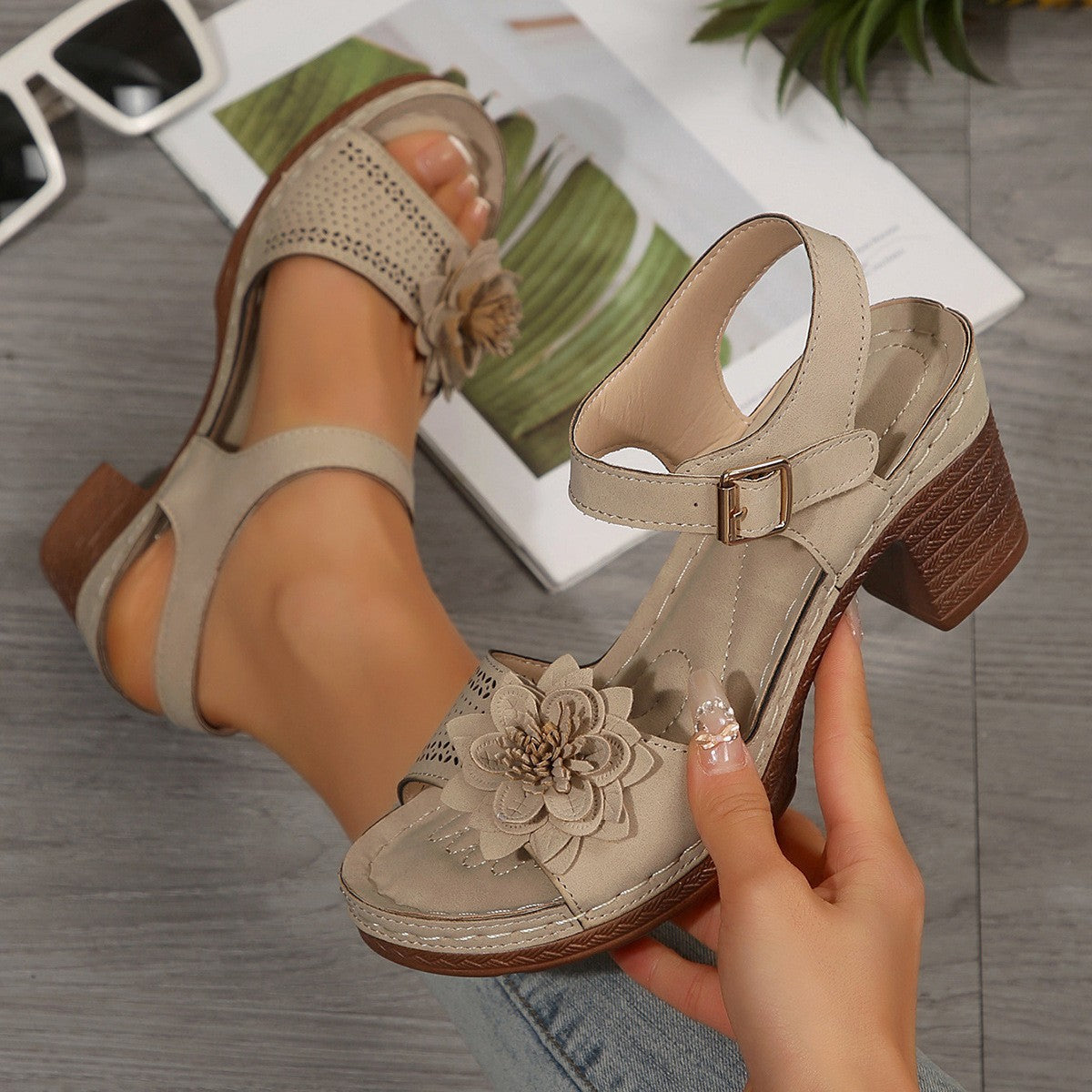 Imogen | Floral Embellished Block Heel Sandals