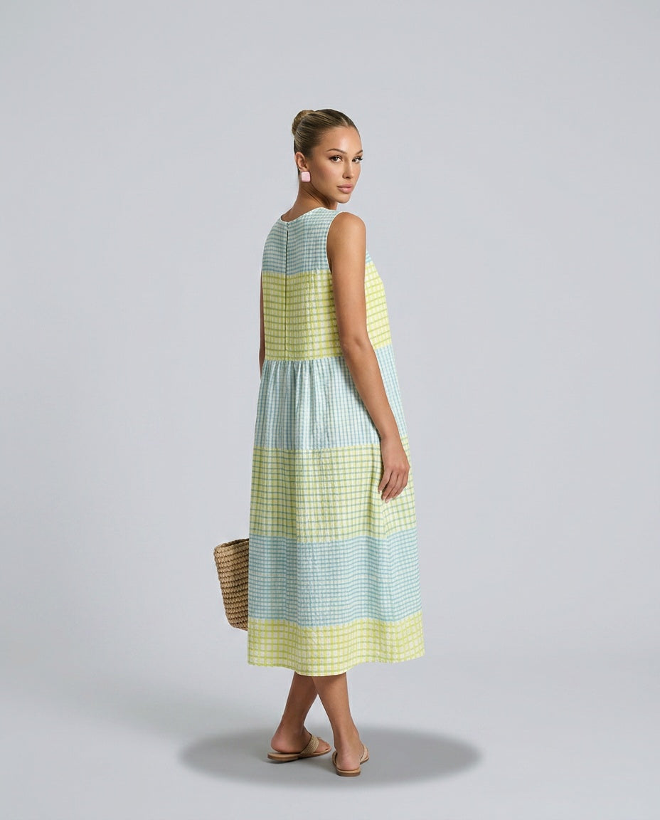 Helena | Printed Gathered Waist Sleeveless Midi Dress