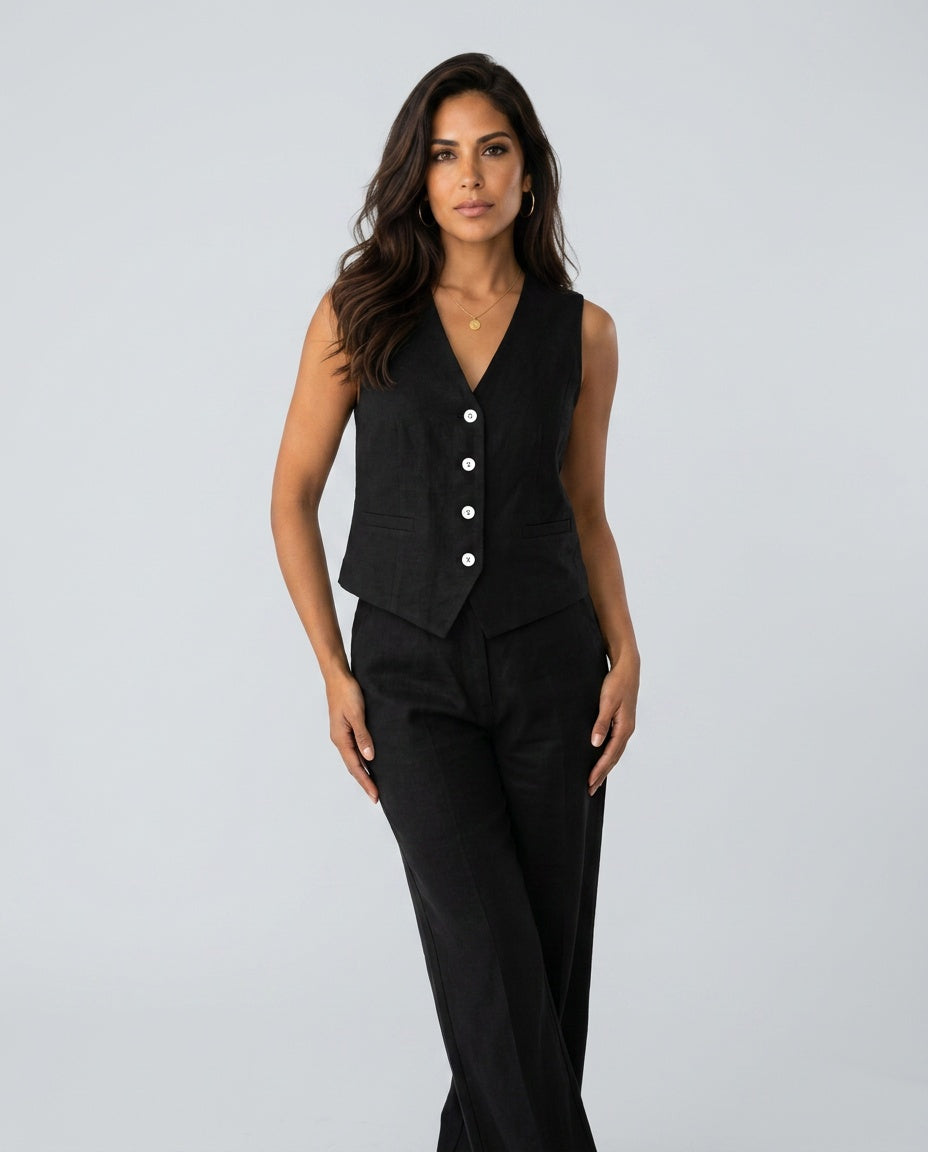 Nina | Sleeveless V-Neck Button Front Wide-Leg Co-ord Set