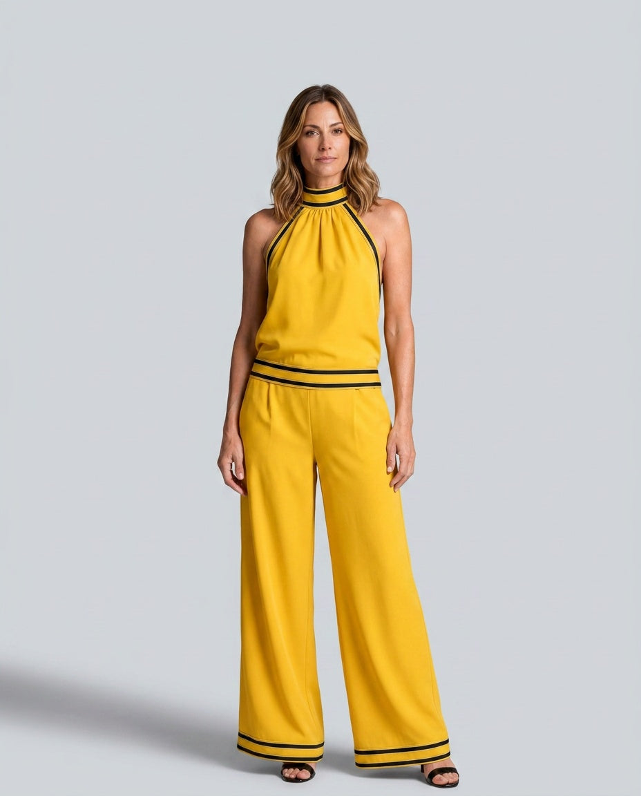 Bianca | Contrast Trim Halter Neck Wide Leg Jumpsuit