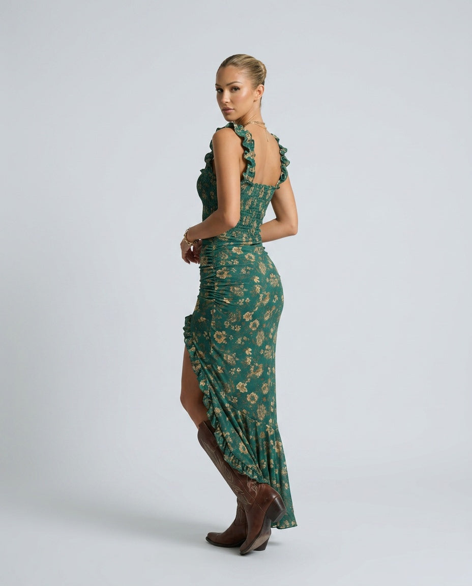 Belen | Boho Floral Ruched Side Slit Maxi Dress