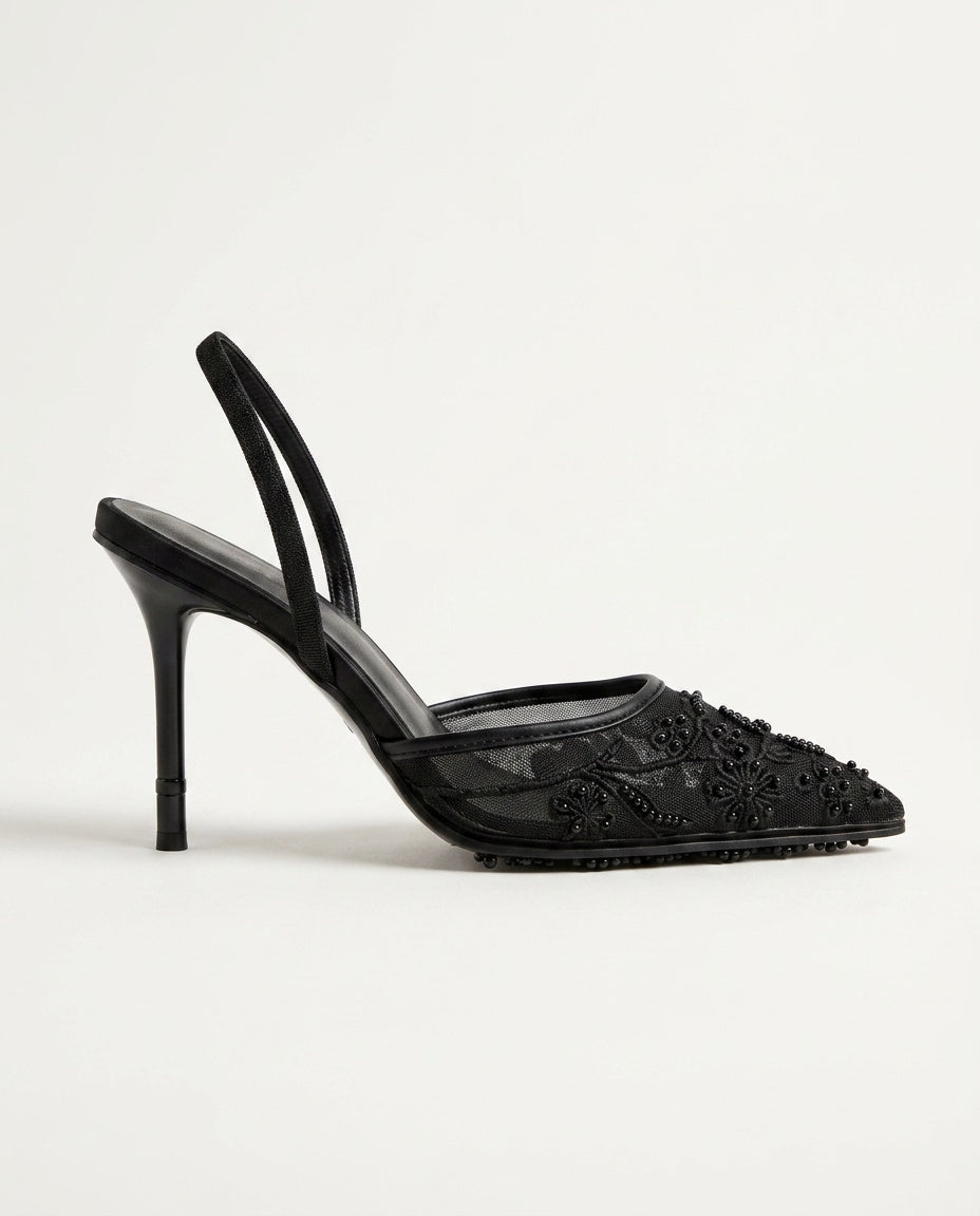 Leona | Embroidered Mesh Kitten Heel Slingbacks