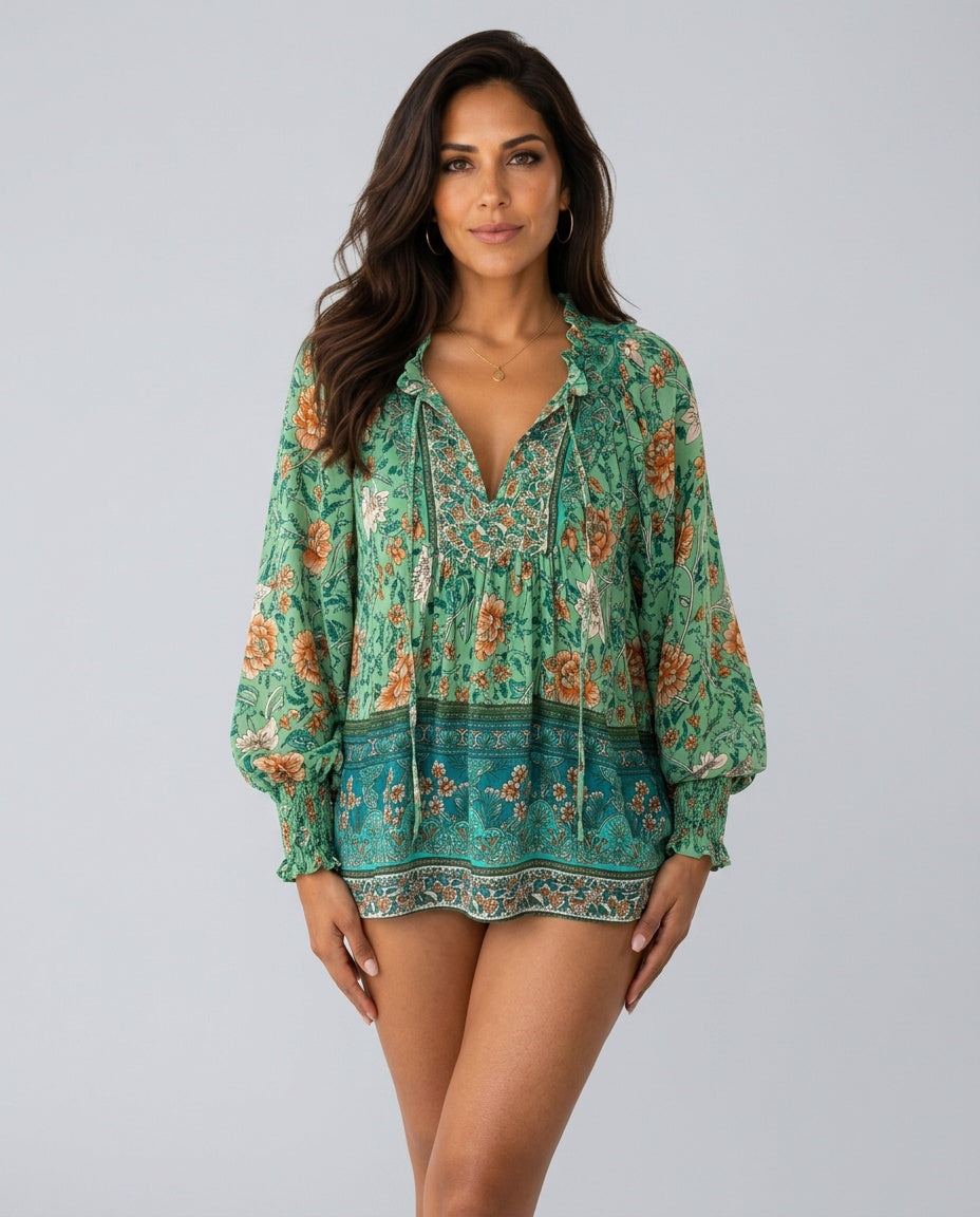 Clara | Floral Print V-Neck Long Sleeve Blouse