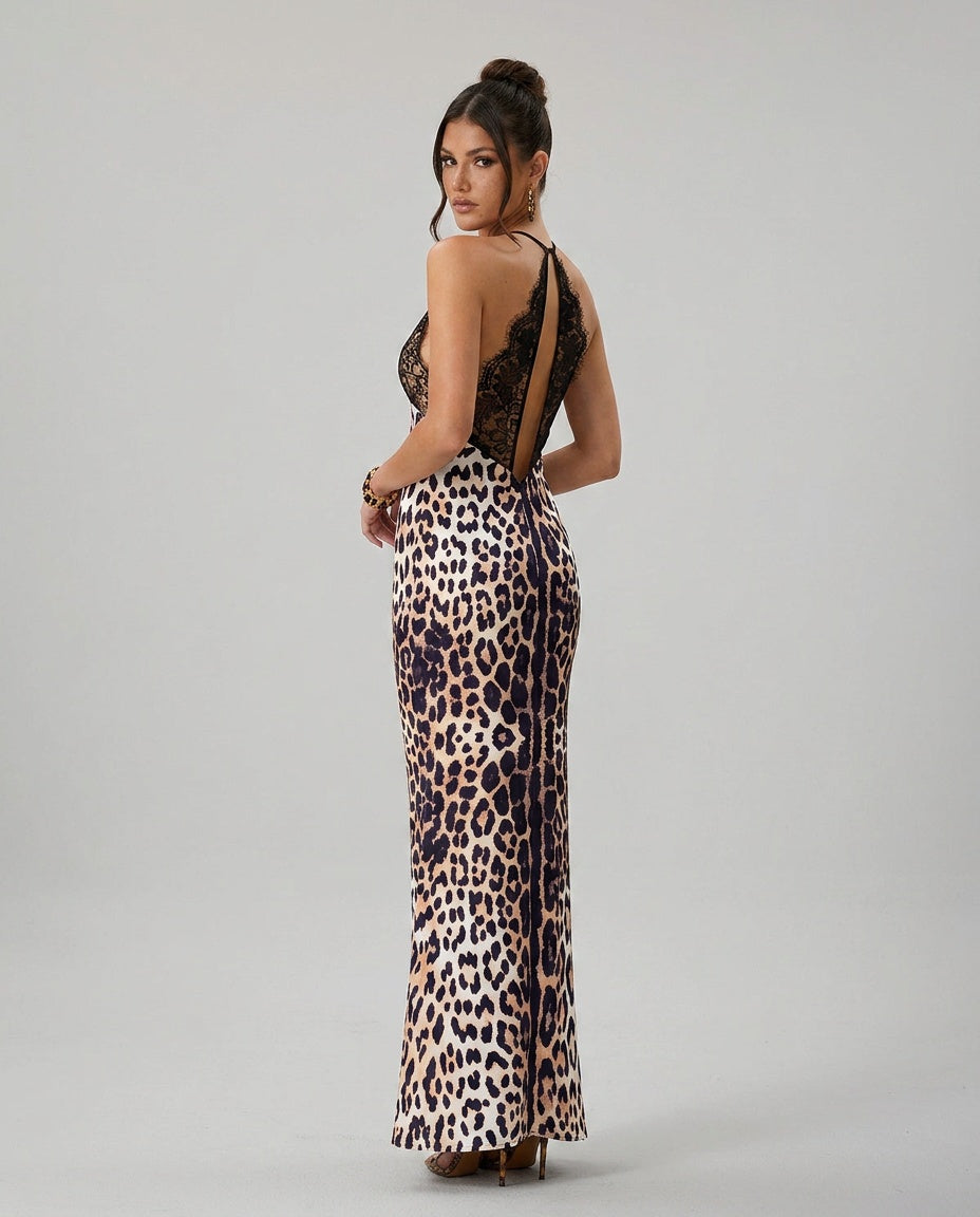 Ada | Halter Neck Lace Leopard Maxi Dress