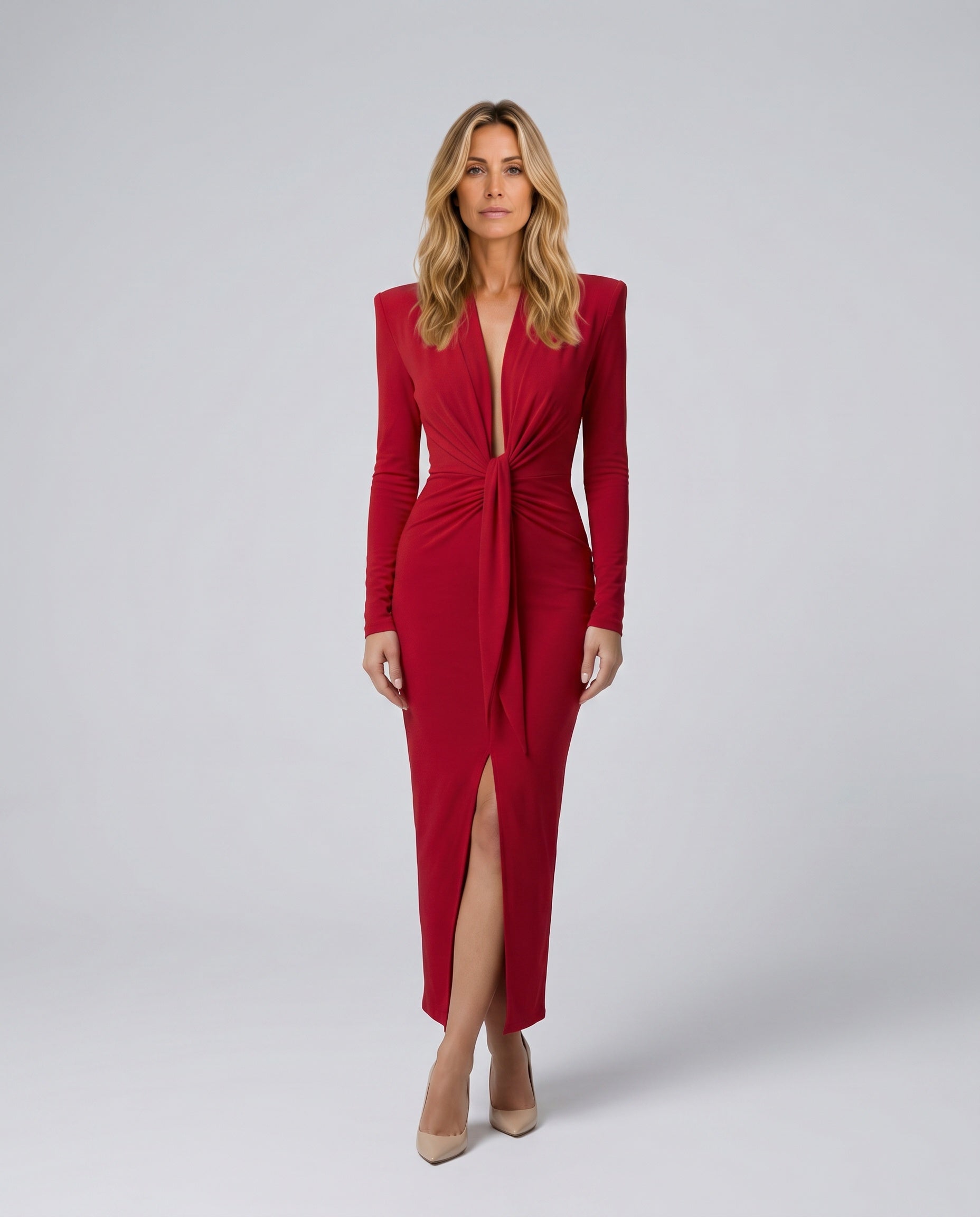 Corinna | Long Sleeve Front Knot Midi Dress