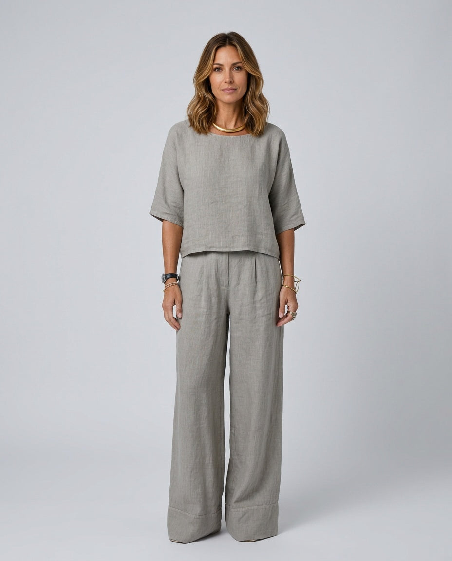 Delphine | 3/4 Sleeve Wide-Leg Linen-Look Co-ord Set
