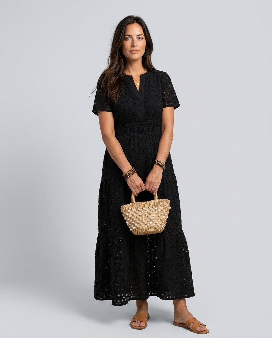 Tessa | Short Sleeve Eyelet Tiered Midi Dress