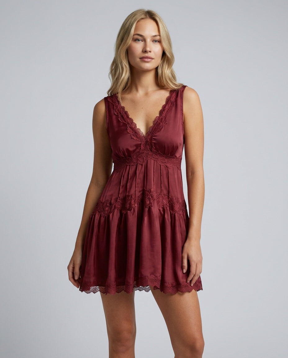 Wren | Deep V-Neck Lace Trim Tiered Mini Dress