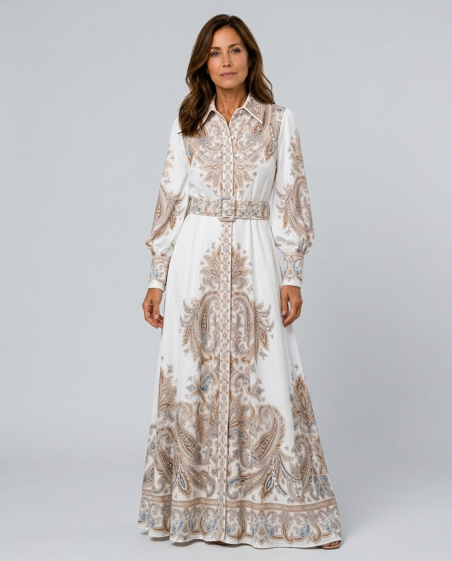 Ellie | Belted Paisley Embroidered Abaya Maxi Dress