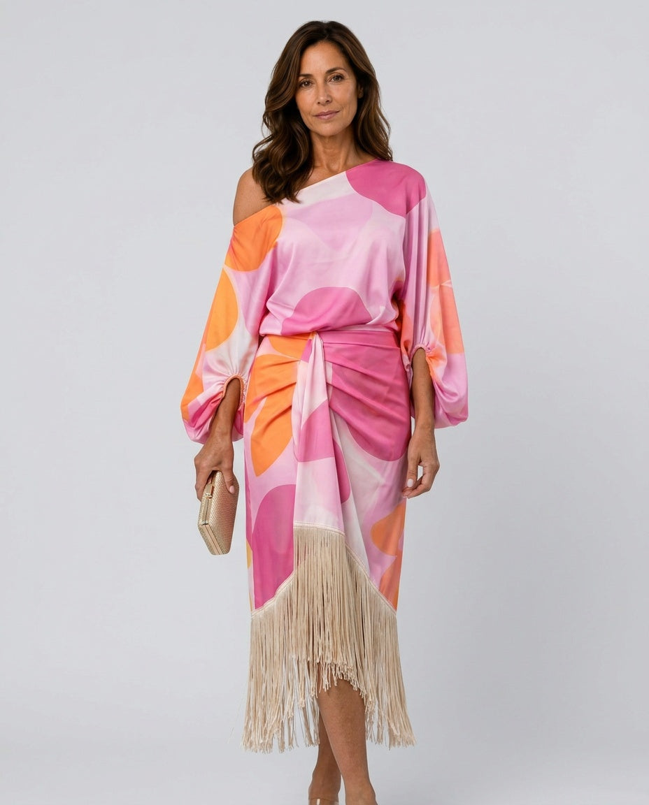 Koda | Abstract Print Fringe Hem Midi Dress