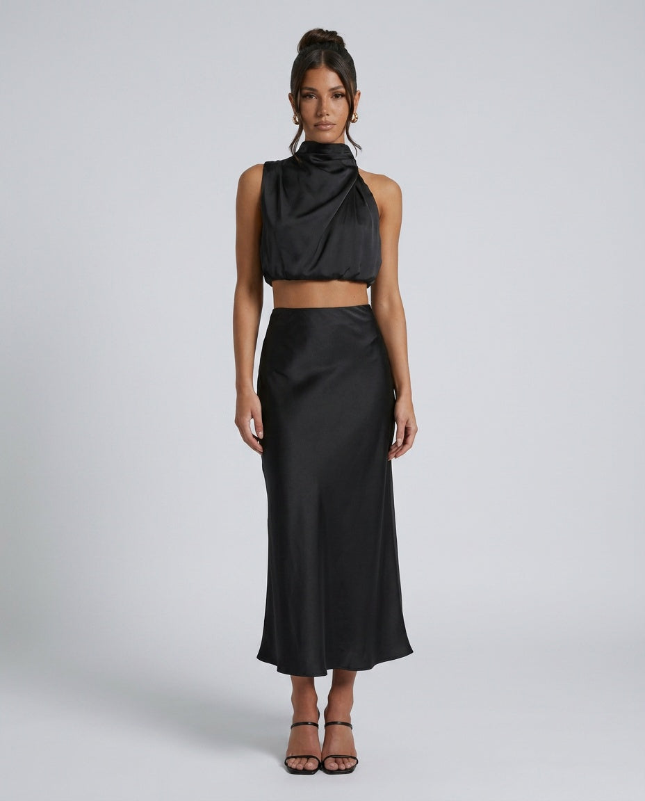 Cora | Halter Crop Top & High Waist Midi Skirt Set