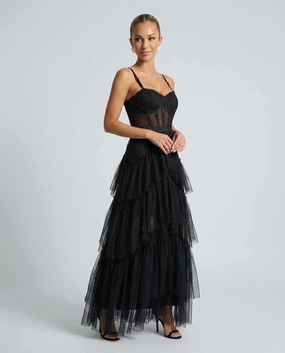 Inaya | Stretch Mesh Black Tie Maxi Dress