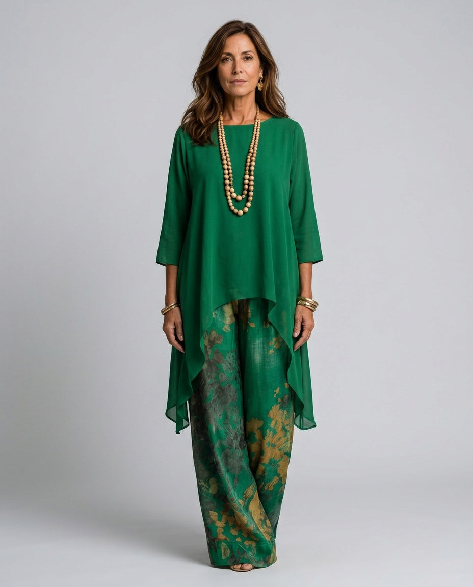 Belen | Printed Asymmetric Top & Wide-Leg Trousers Set