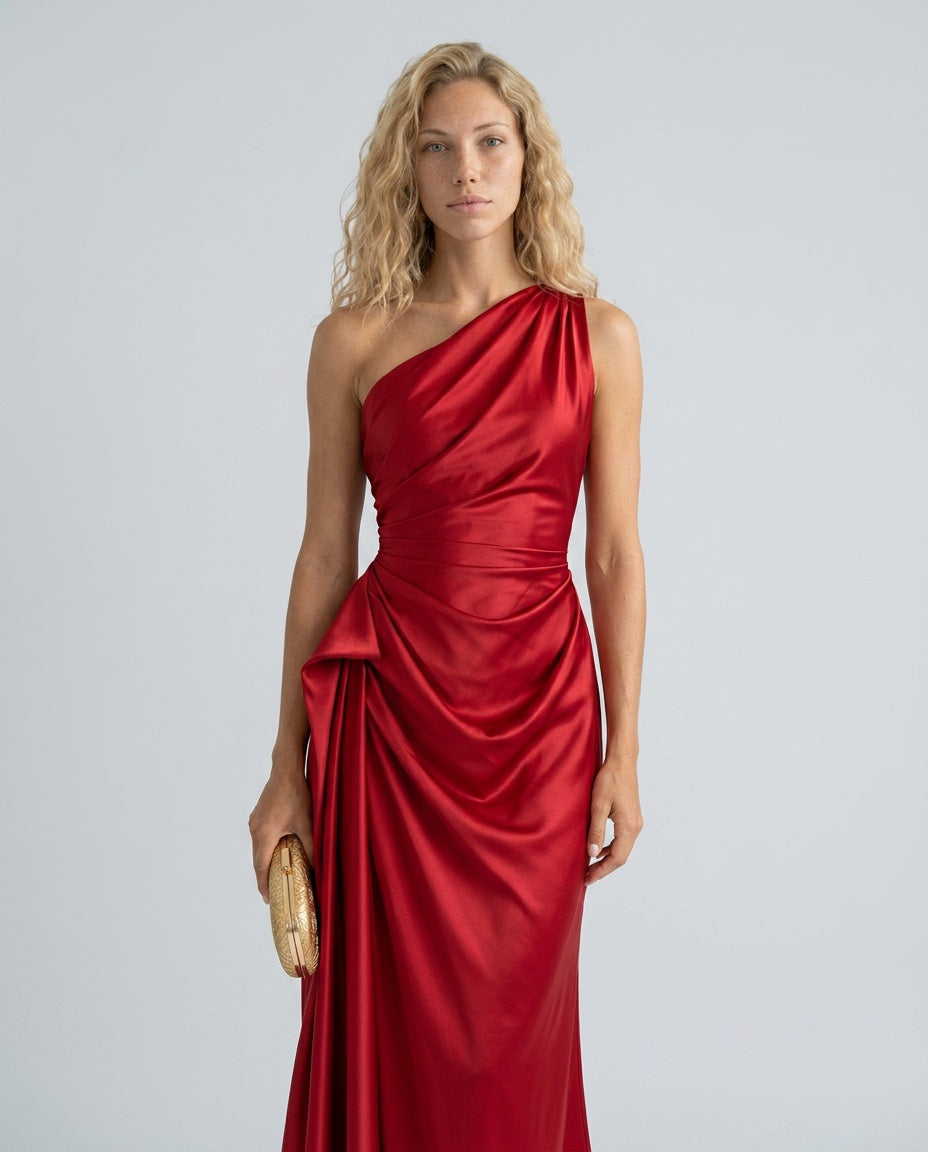 Seraphina | One-Shoulder Draped Satin-Look Midi Dress