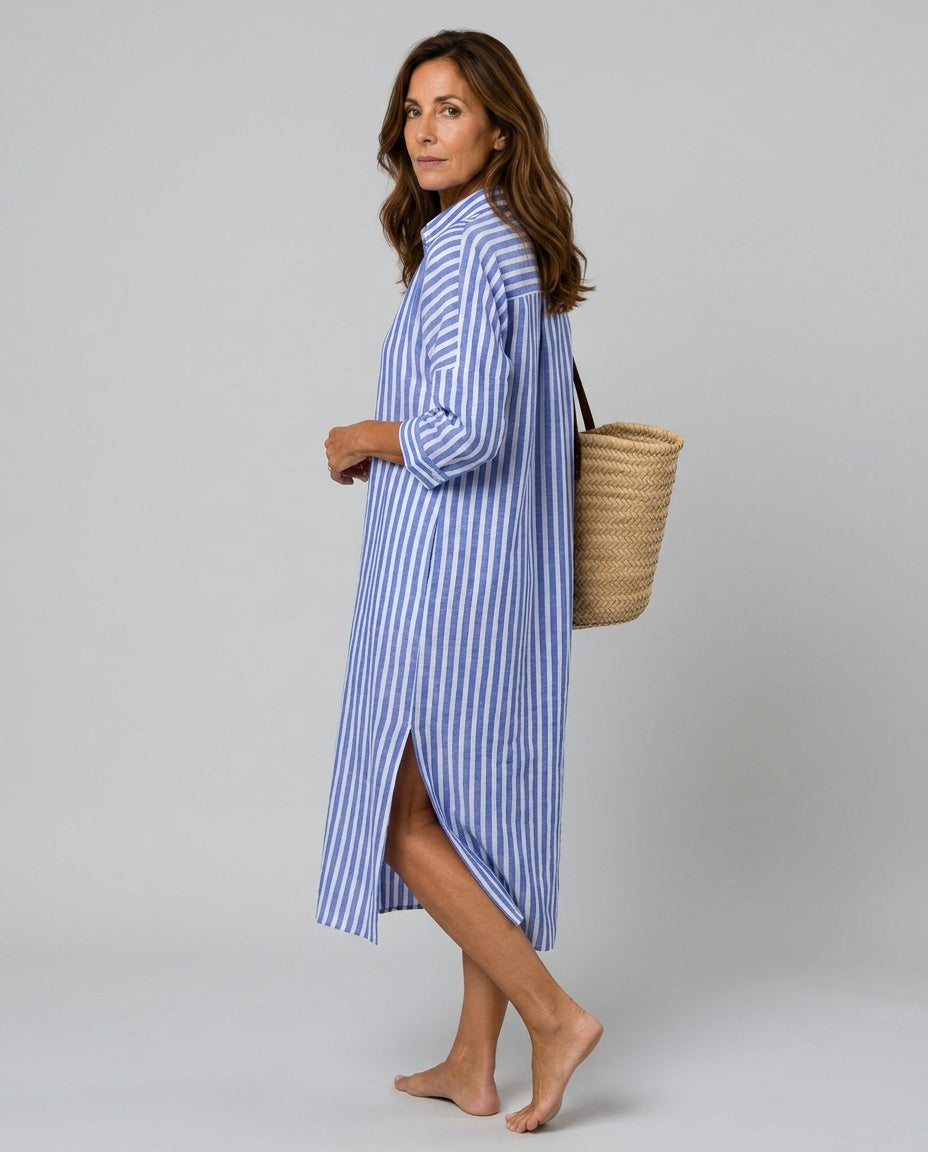 Josie | Striped Linen-Blend Shirt Collar Midi Dress