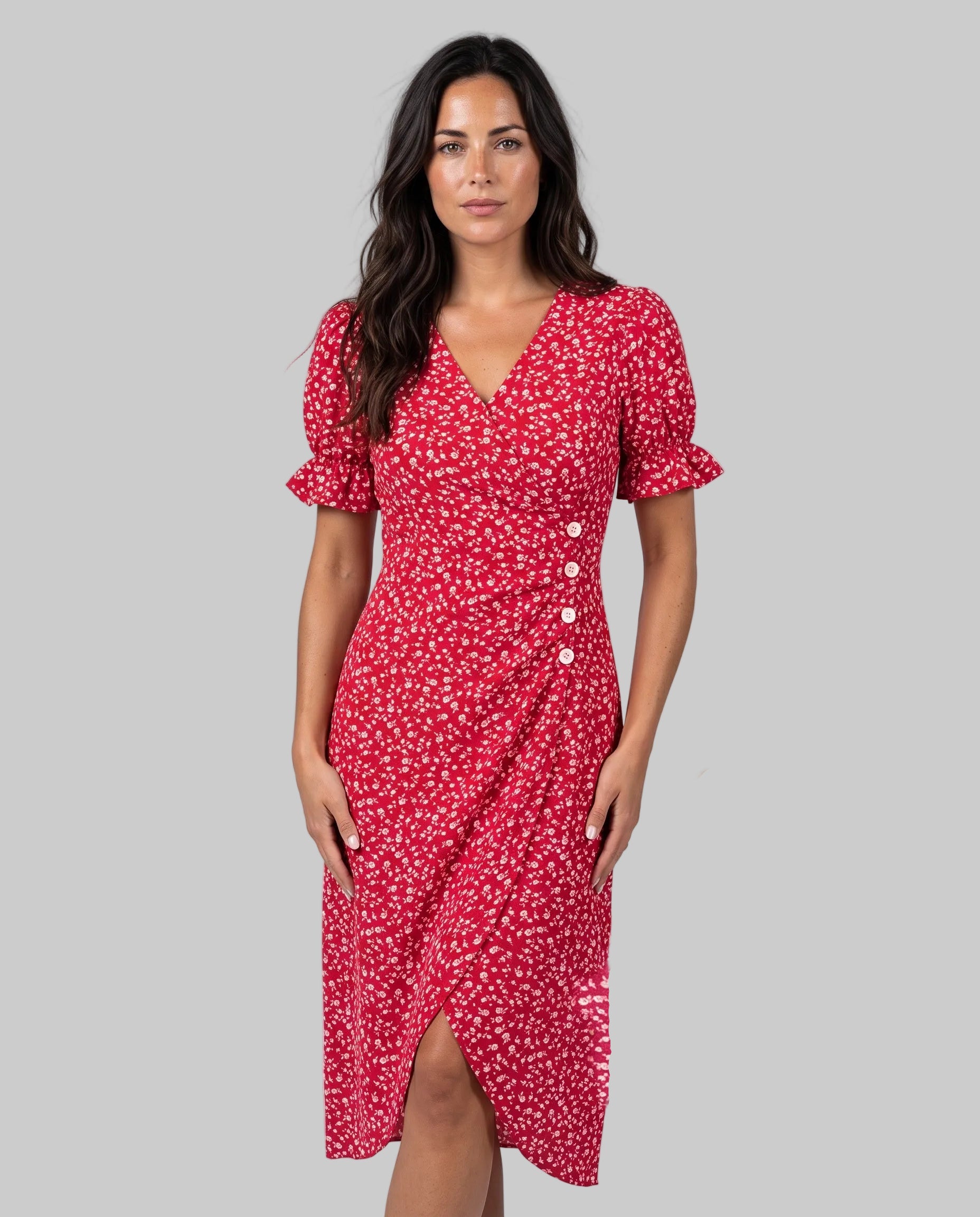Greta | V-Neck Wrap Short Sleeve Midi Dress