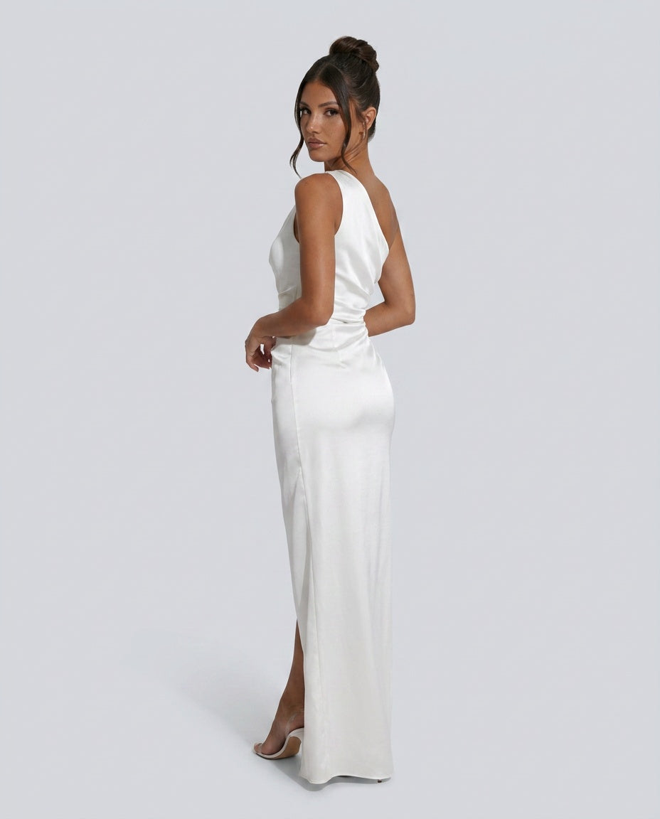 Ellie | One Shoulder Ruched Satin-Look Maxi Dress