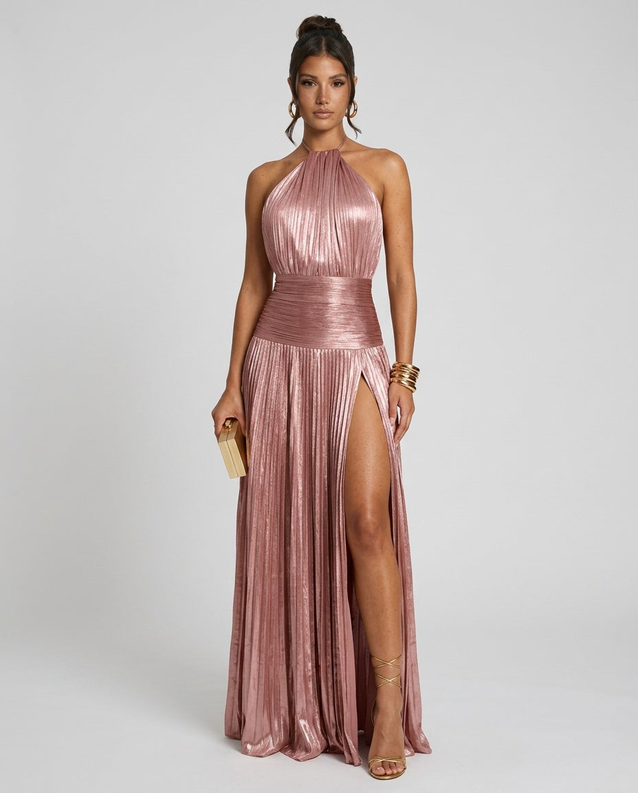 Wren | Halter Neck Pleated High Split Maxi Dress