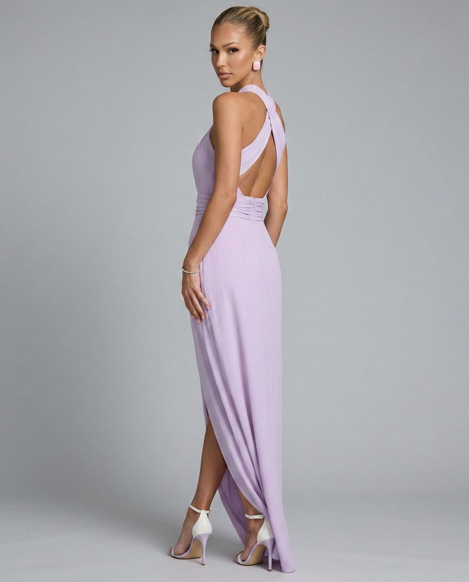 Edith | Cross Halter Draped Side Slit Midi Dress