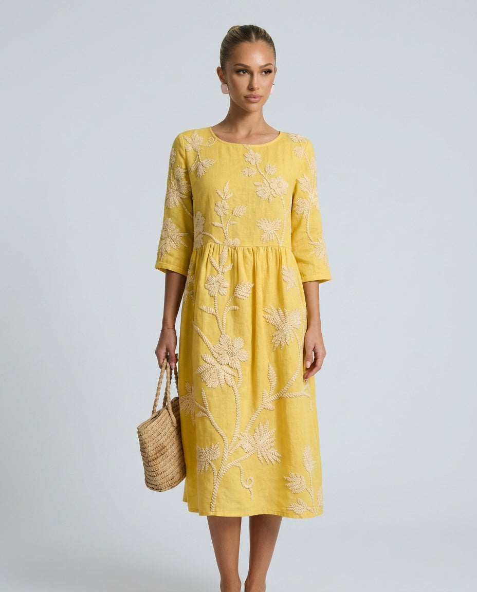 Josie | Floral Linen-Look Round Neck Midi Dress