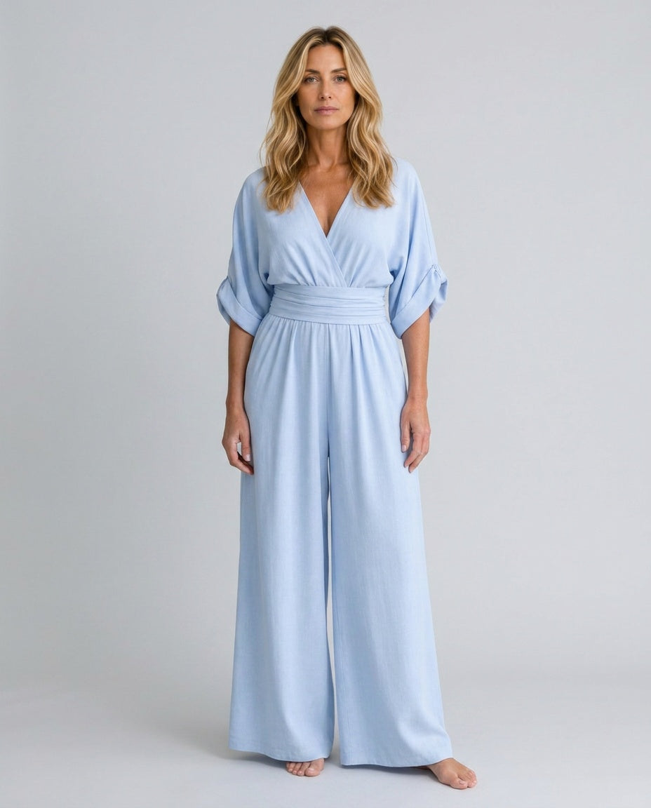 Elin | Draped V-Neck Wide Leg Relaxed Jumpsuit