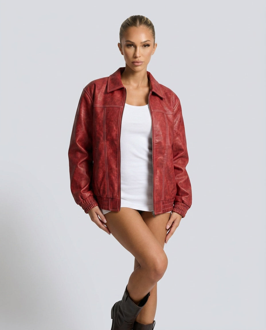 Tina | Oversized Glazed Faux Leather Bomber Jacket