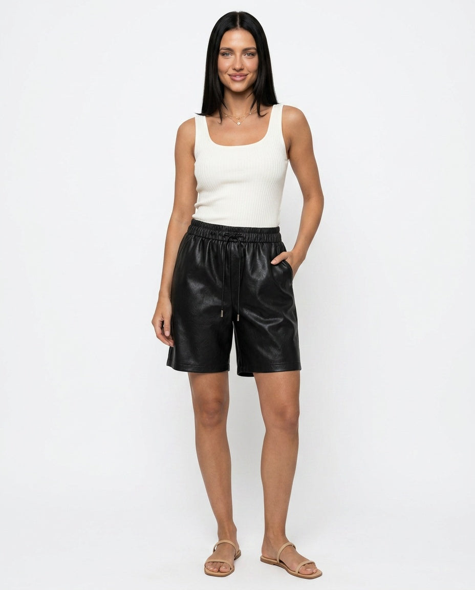 Tazmira | Faux Leather Bermuda Shorts with Elastic Waist