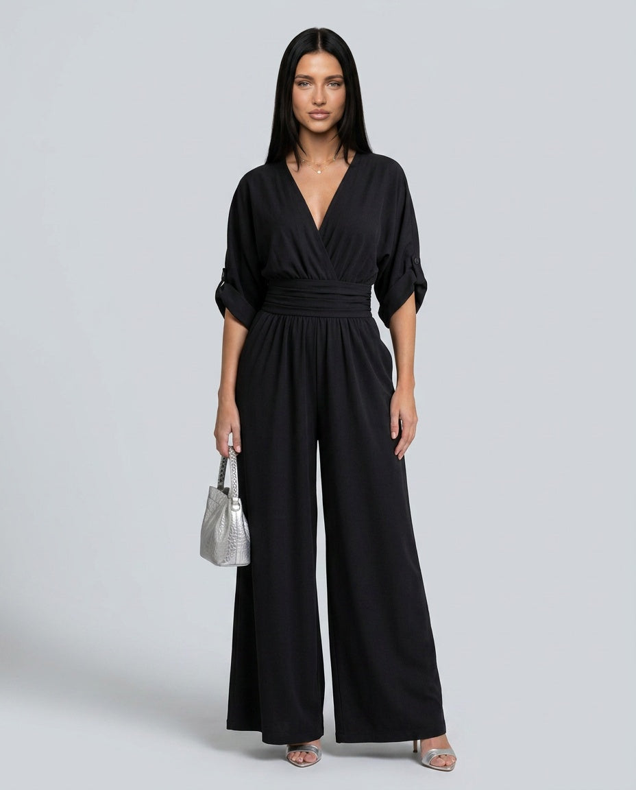 Elin | Draped V-Neck Wide Leg Relaxed Jumpsuit
