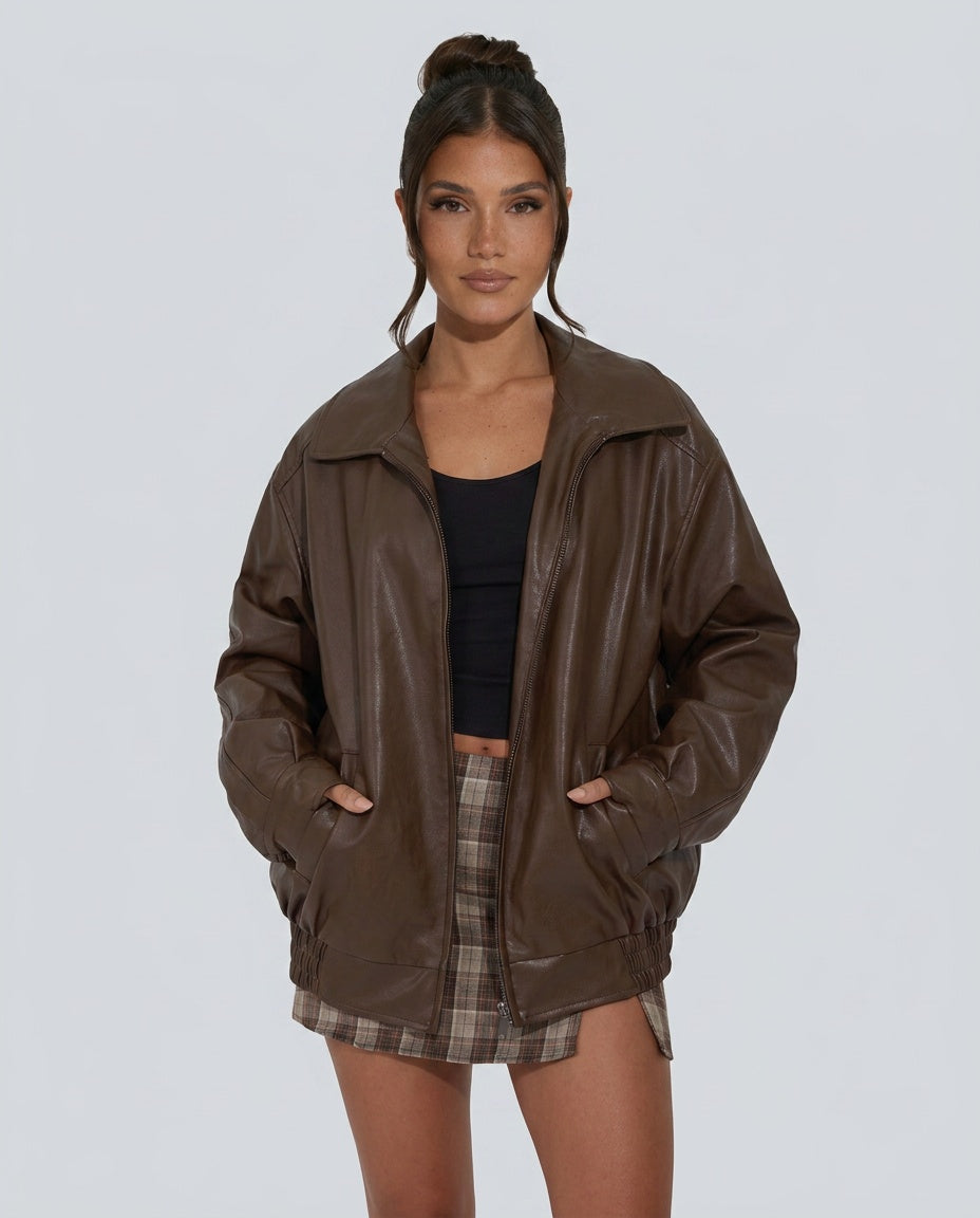 Zoé | Oversized Zip Front Faux Leather Bomber Jacket