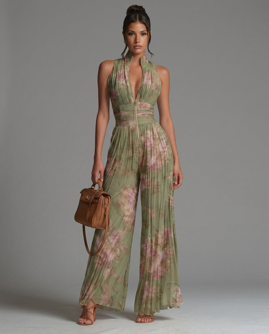 Lisette | Pleated Floral Jumpsuit with Wide-Leg Trousers