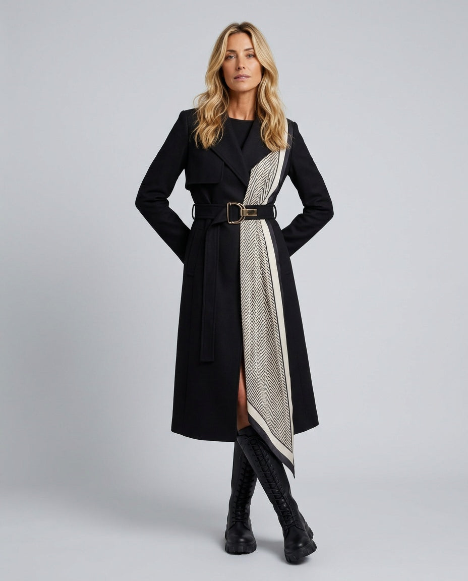 Noelia | Belted Geometric Scarf Midi Coat
