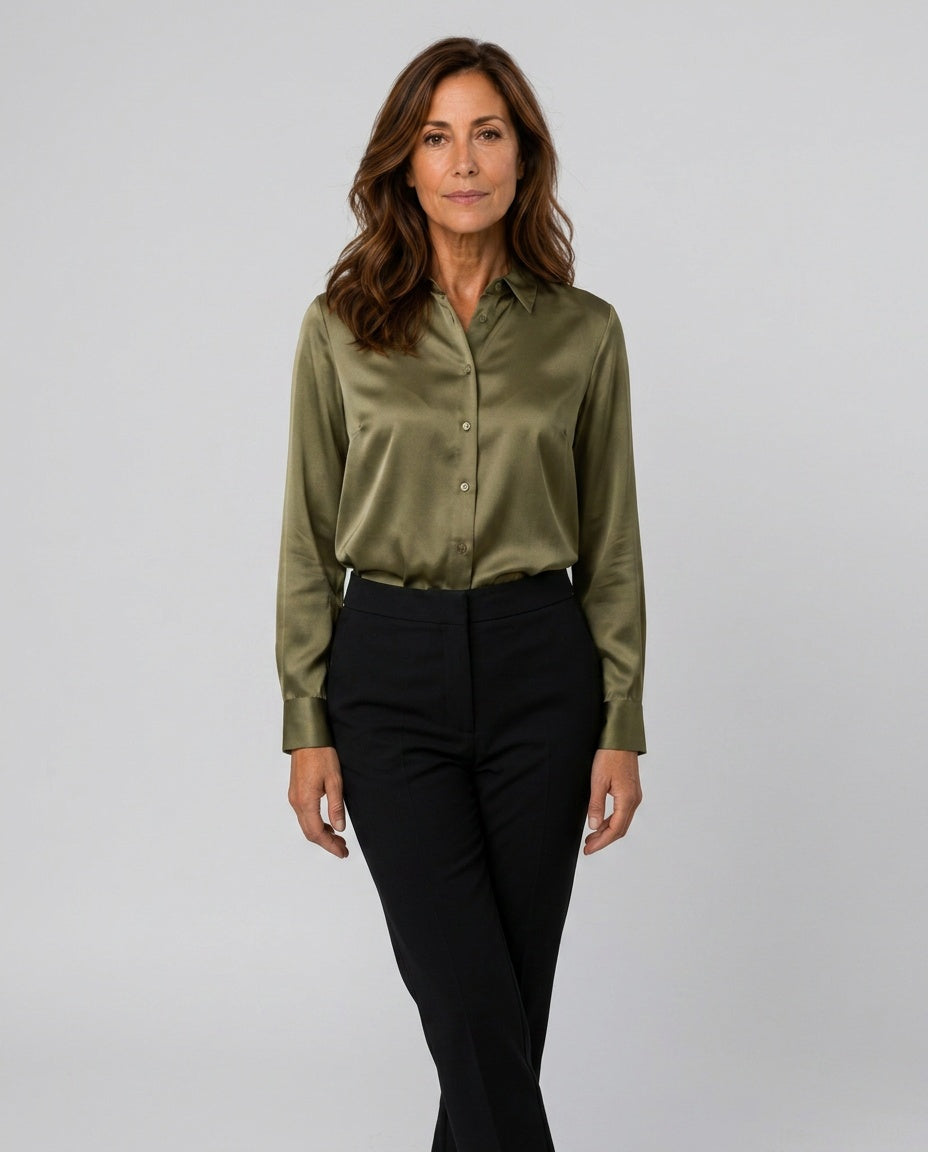 Willa | Long Sleeve Satin-Look Button-Up Top