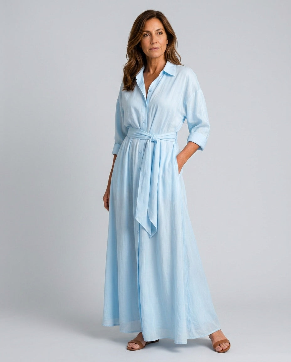 Darya | Belted Collared Long Sleeve Midi Dress