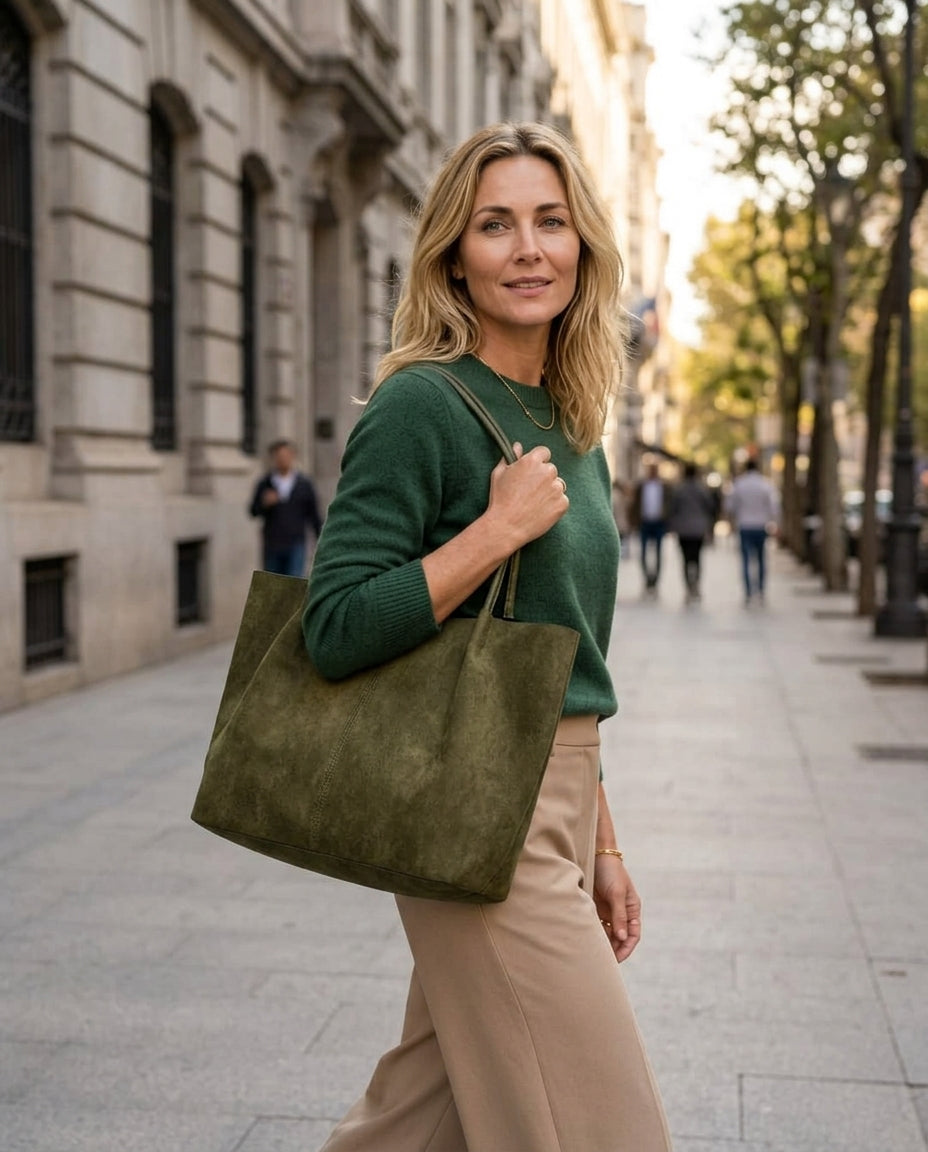 Retro Faux Suede Zip Tote Bag with Pouch