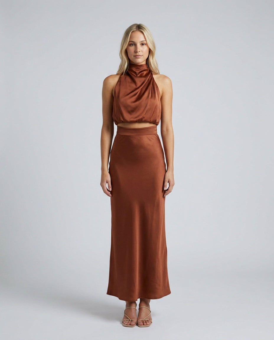 Cora | Halter Crop Top & High Waist Midi Skirt Set