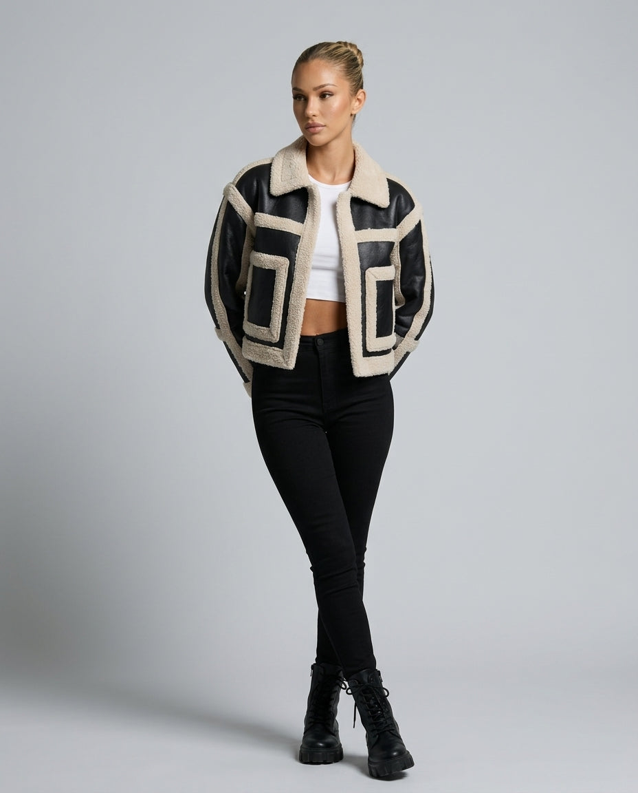 Noor | Cropped Geometric Panel Faux Fur Trim Jacket