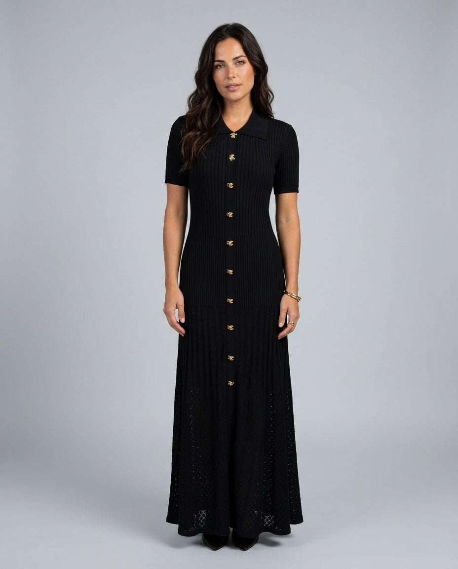 Ines | Button-Front Collared Satin Maxi Dress