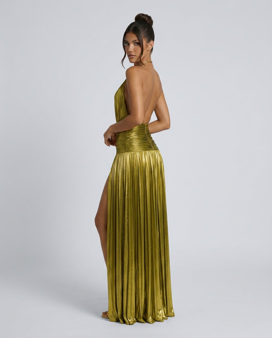 Hadley | Pleated Satin-Look Halter Neck Maxi Dress